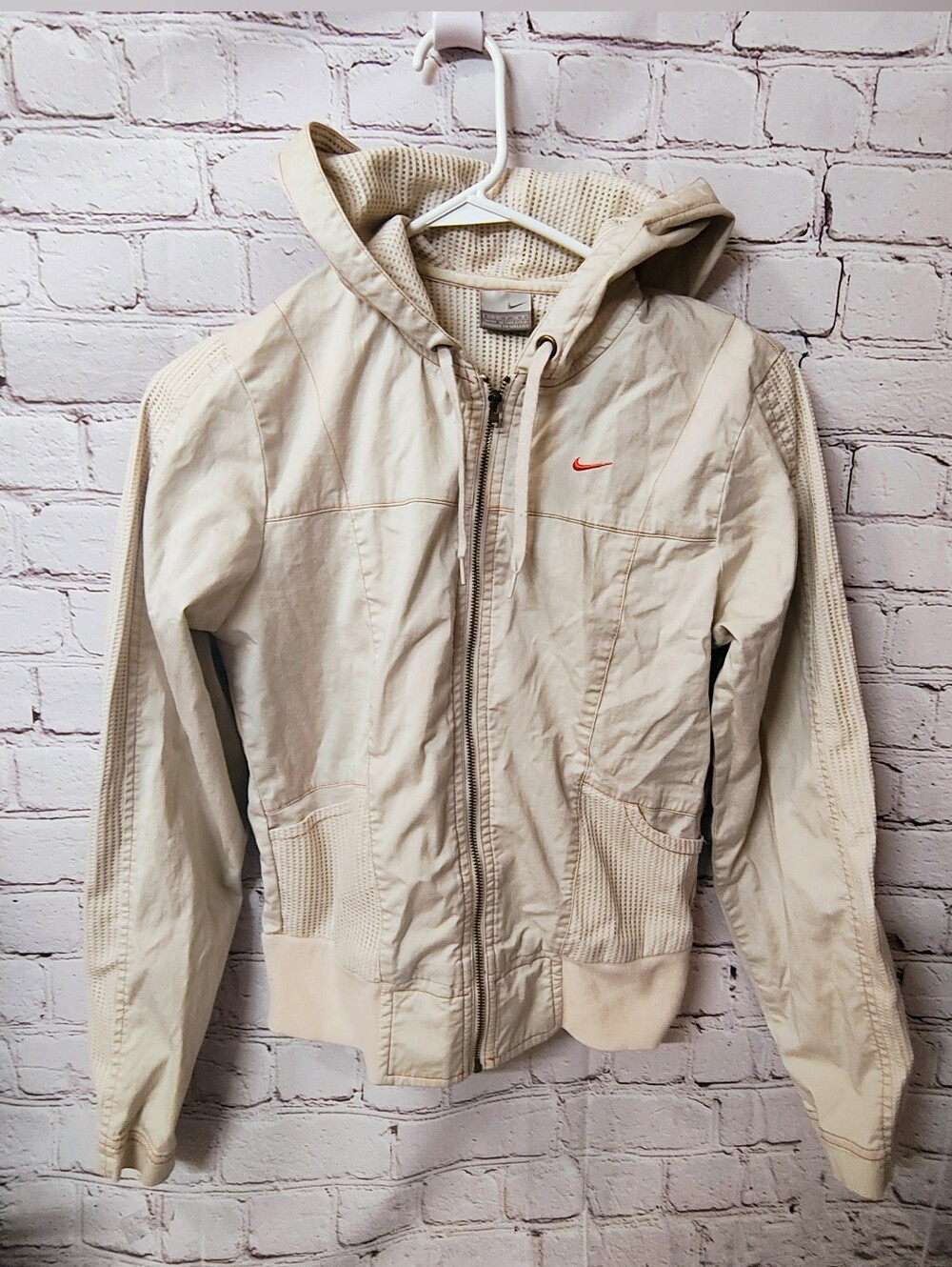 Nike Womens Vintage Paneled Mesh Full Zip Hiking Windbreaker Cream Jacket Small